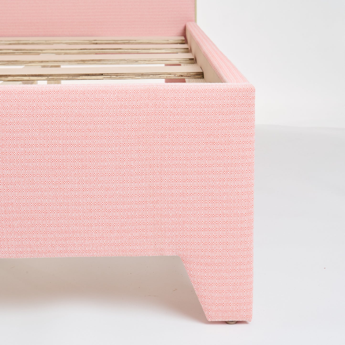 The Celeste Queen Bed - Performance Coral Linen Fabric - Pear Green Trim