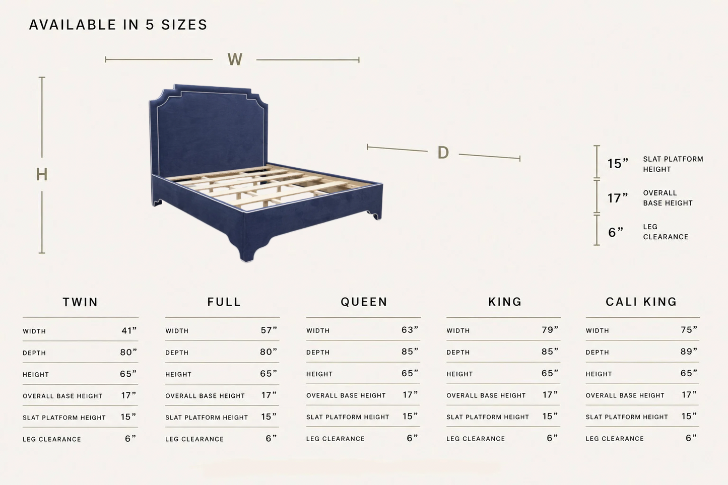 The Martha King Bed - Upholstered Legs - Navy Blue Woven Fabric - White Trim
