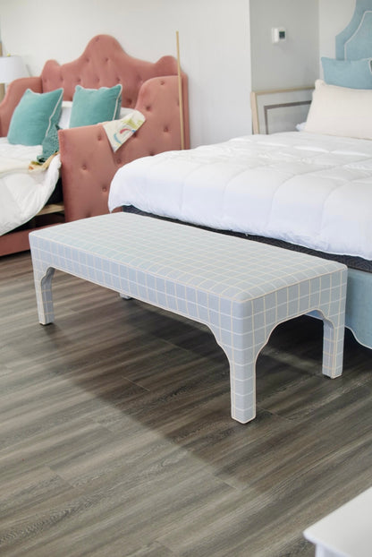 Custom Upholstered Bench in Blue Check Fabric