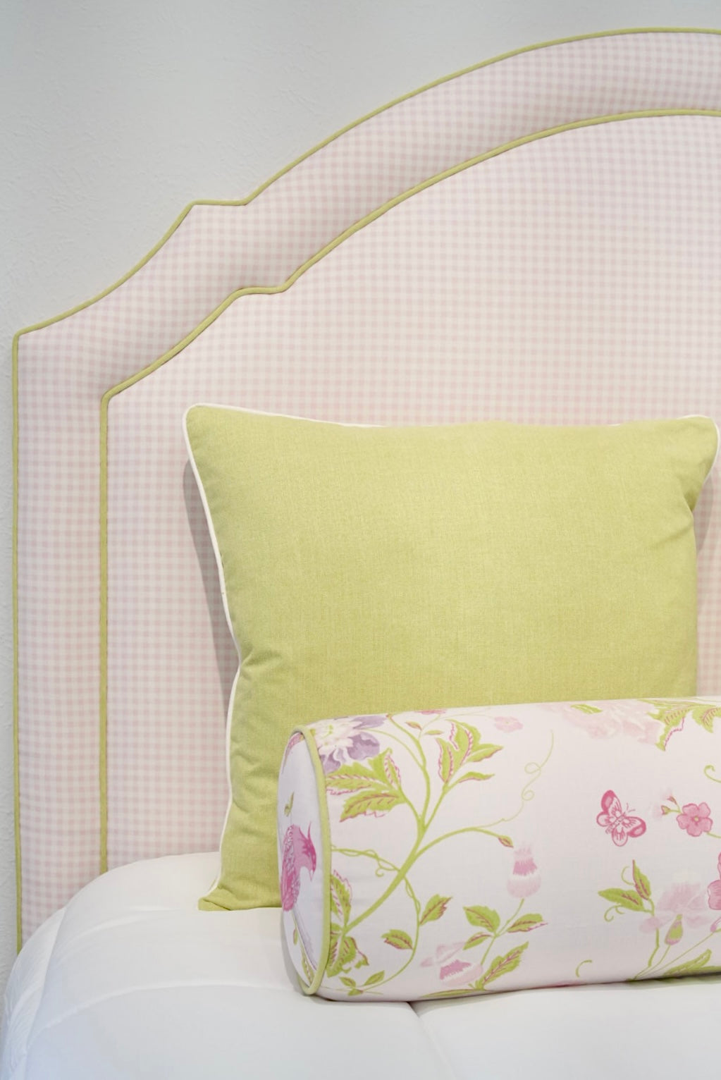 65" H Queen Upholstered Platform Bed - Brown Wooden Legs - Bella Pink Gingham Fabric with Pear Green Trim