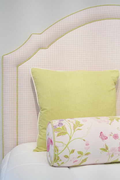 65" H Queen Upholstered Platform Bed - Brown Wooden Legs - Bella Pink Gingham Fabric with Pear Green Trim