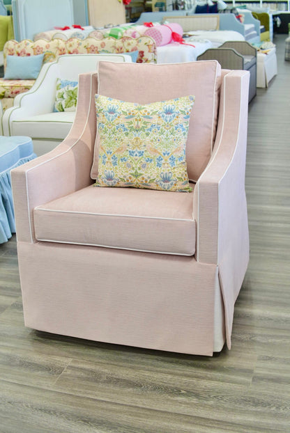 Custom Swivel Glider Chair – Performance Light Pink Chenille Fabric with White Trim