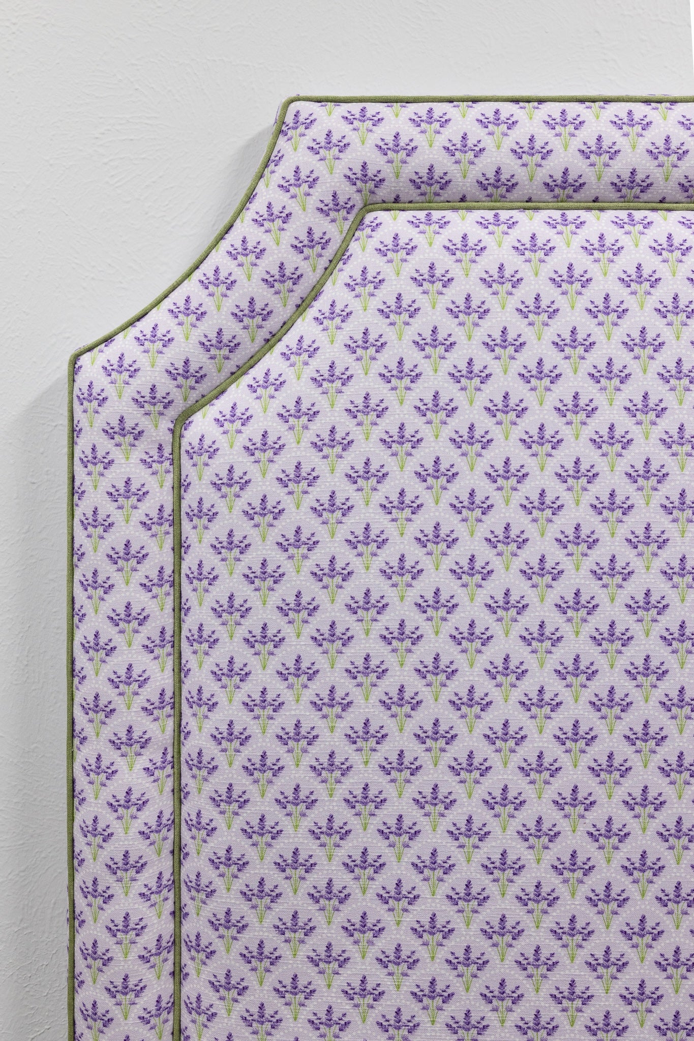 The Addison Twin Headboard - Lavender Floral Linen Fabric - Green Trim