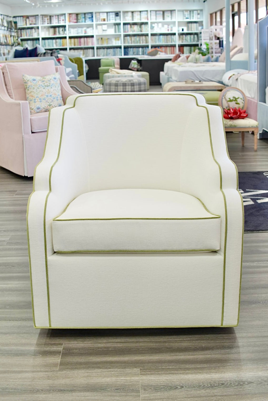 Custom Scalloped Swivel Chair: White Performance Fabric - Pistachio Green Trim