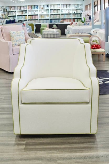 Custom Scalloped Swivel Chair: White Performance Fabric - Pistachio Green Trim