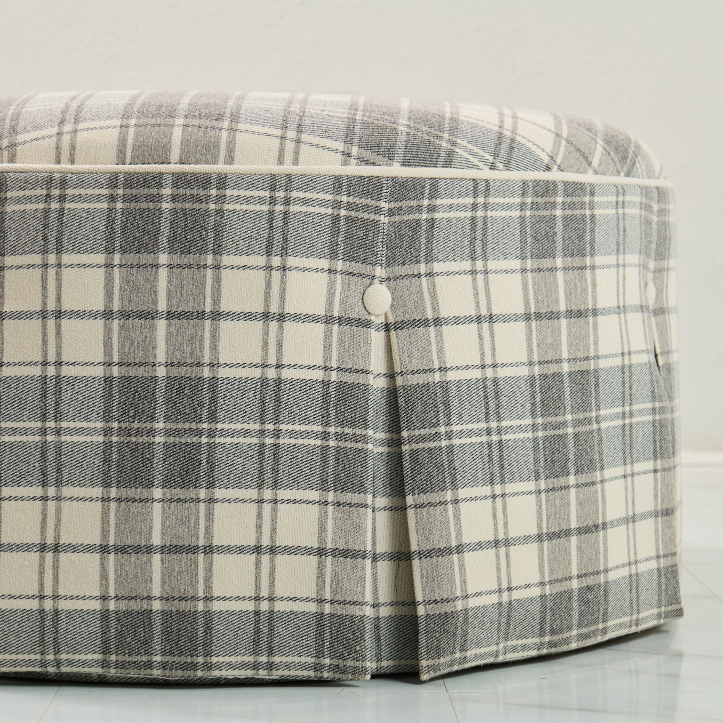 32" Round Skirted Ottoman in Gray Plaid Upholstery Fabric