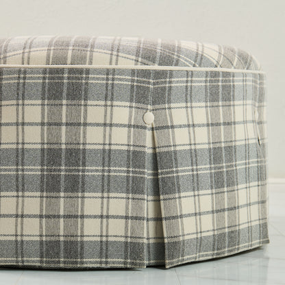 32" Round Skirted Ottoman in Gray Plaid Upholstery Fabric