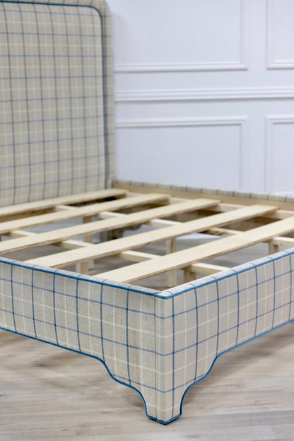 The Lorraine King Bed - Scalloped Legs - Performance Cream Plaid Fabric - Ocean Blue Trim