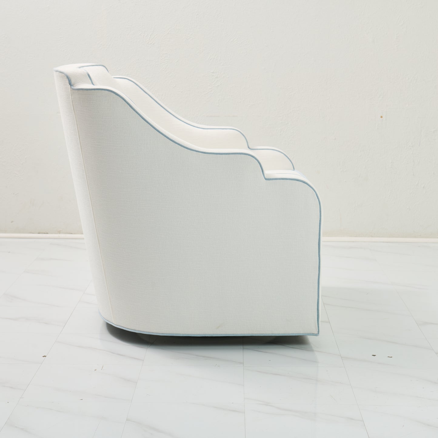 Custom Scalloped Swivel Chair: White Performance Fabric - Sky Blue Trim