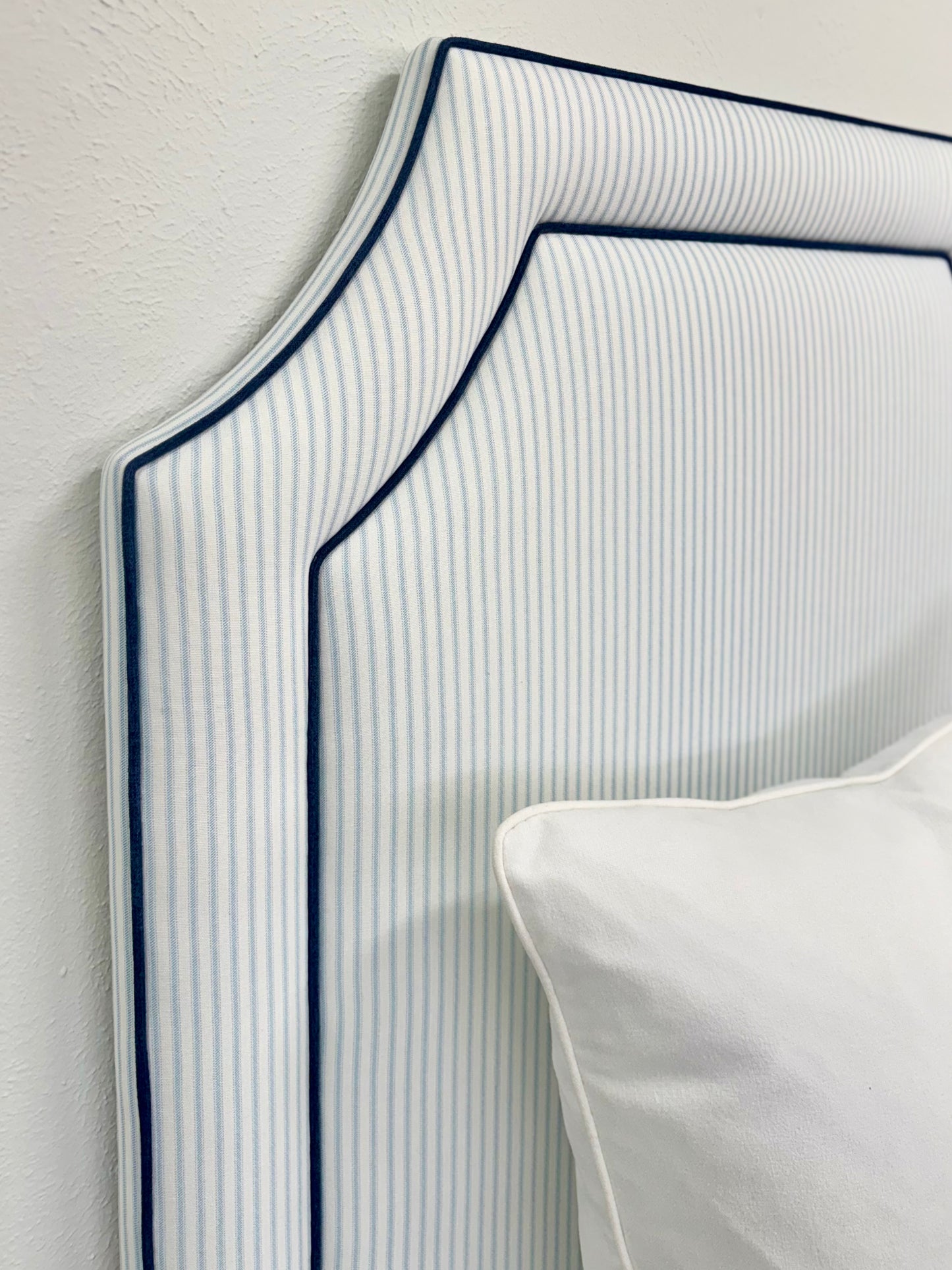 The Addison Twin Headboard - Classic Blue Ticking Stripe Fabric - Navy Trim