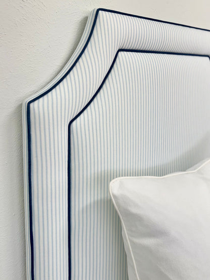 The Addison Twin Headboard - Classic Blue Ticking Stripe Fabric - Navy Trim