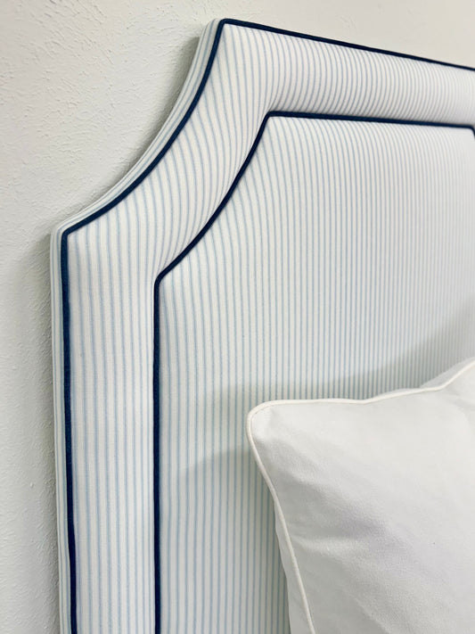 The Addison Twin Headboard - Classic Blue Ticking Stripe Fabric - Navy Trim