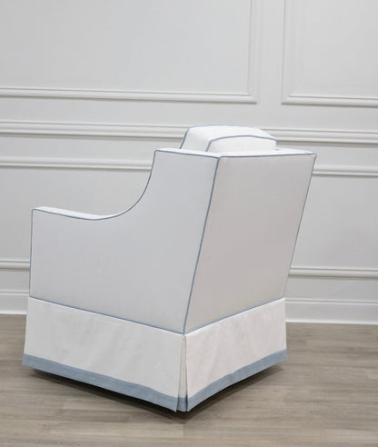 The Camille Glider Chair
– White Linen with Sky Blue Trim