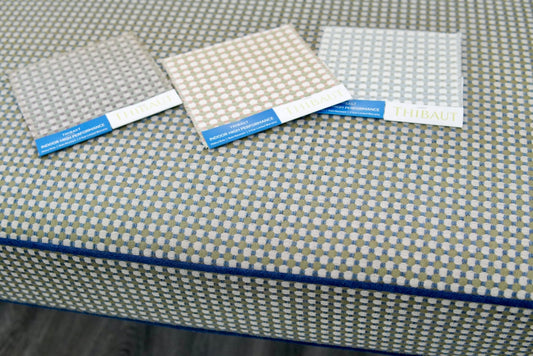 Custom Upholstered Bench in Thibaut Fabric - Navy Trim