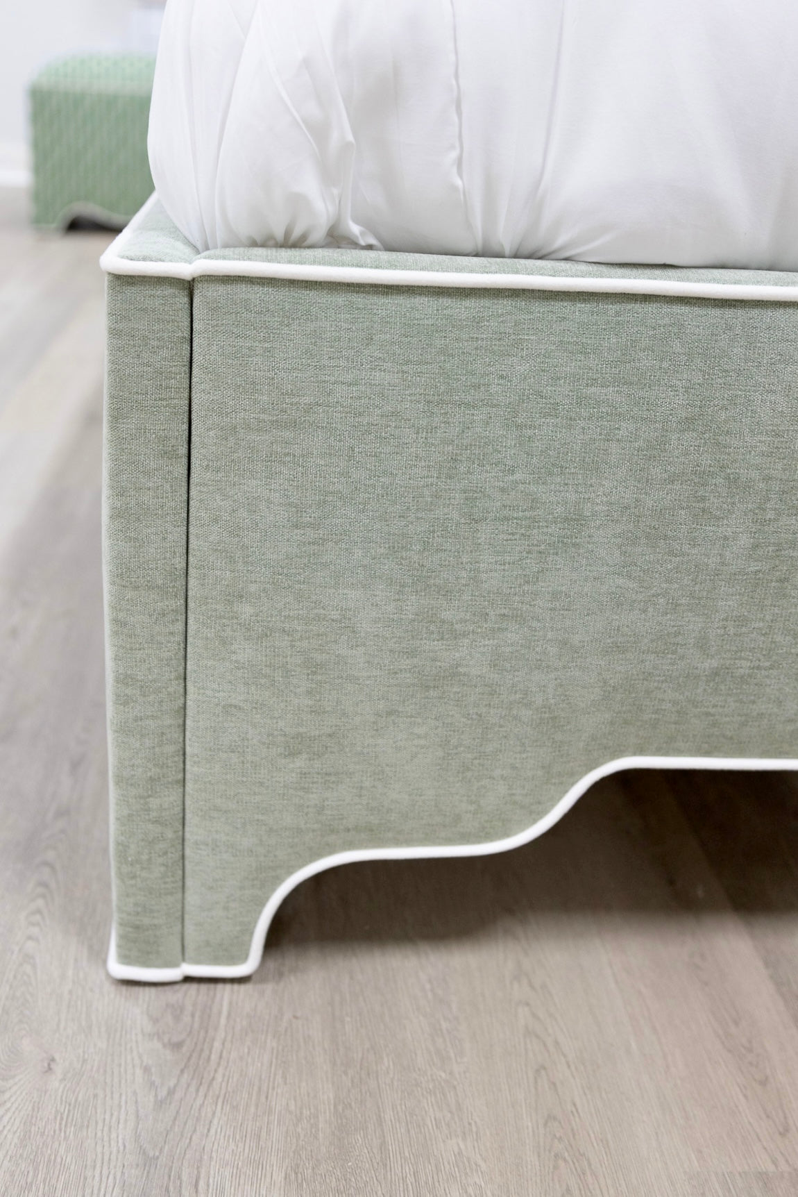 The Addison Queen Upholstered Platform Bed - Crypton Sage Linen Look Fabric - White Trim
