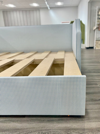 Twin to king Upholstered Trundle Daybed in Blue Gingham fabric - Sky Blue Trim