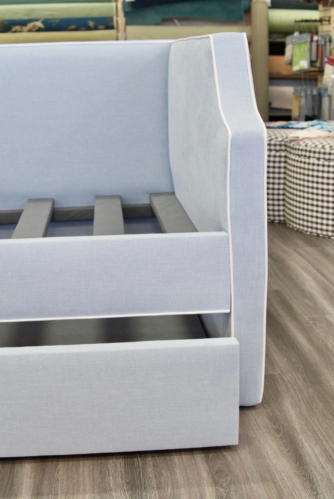 Twin Trundle Daybed - Sky Blue Woven Fabric with White Trim