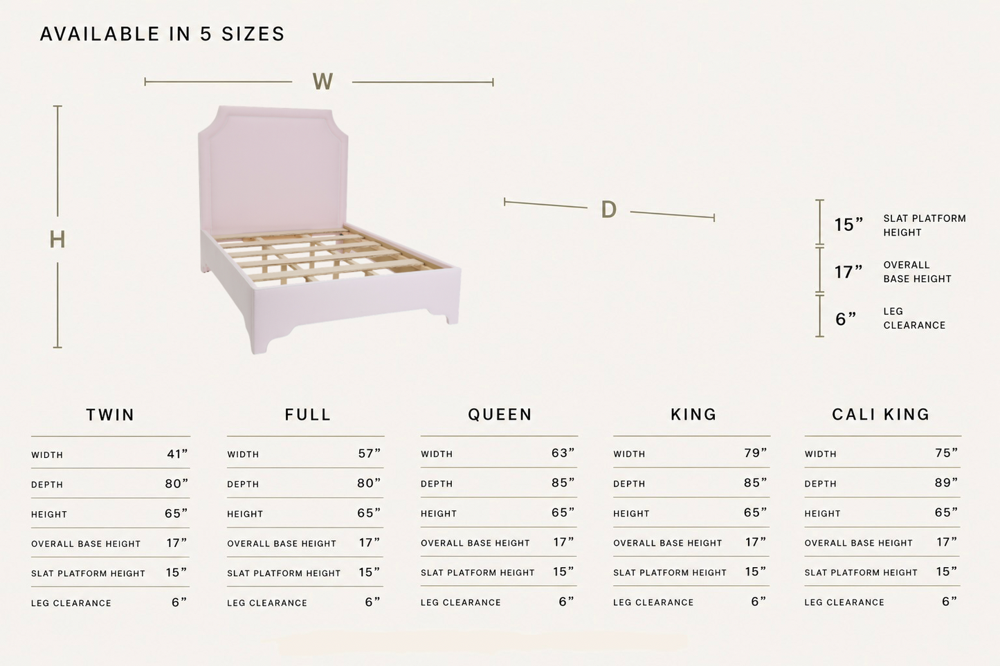 The Addison Queen Bed - Scalloped Legs - Powder Pink Woven Fabric - White Trim
