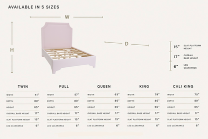 The Addison Queen Bed - Scalloped Legs - Powder Pink Woven Fabric - White Trim