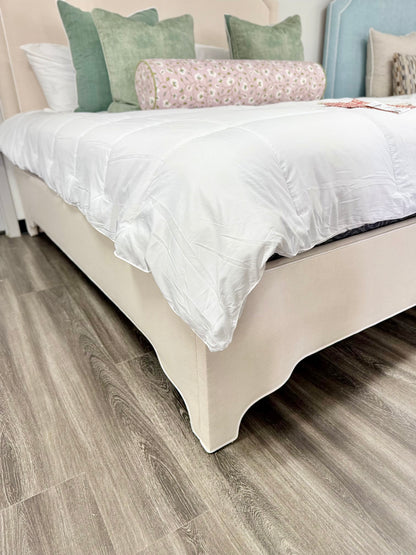 65"H King Upholstered Platform Bed - Scalloped Legs - Oatmeal Woven Fabric - White Trim