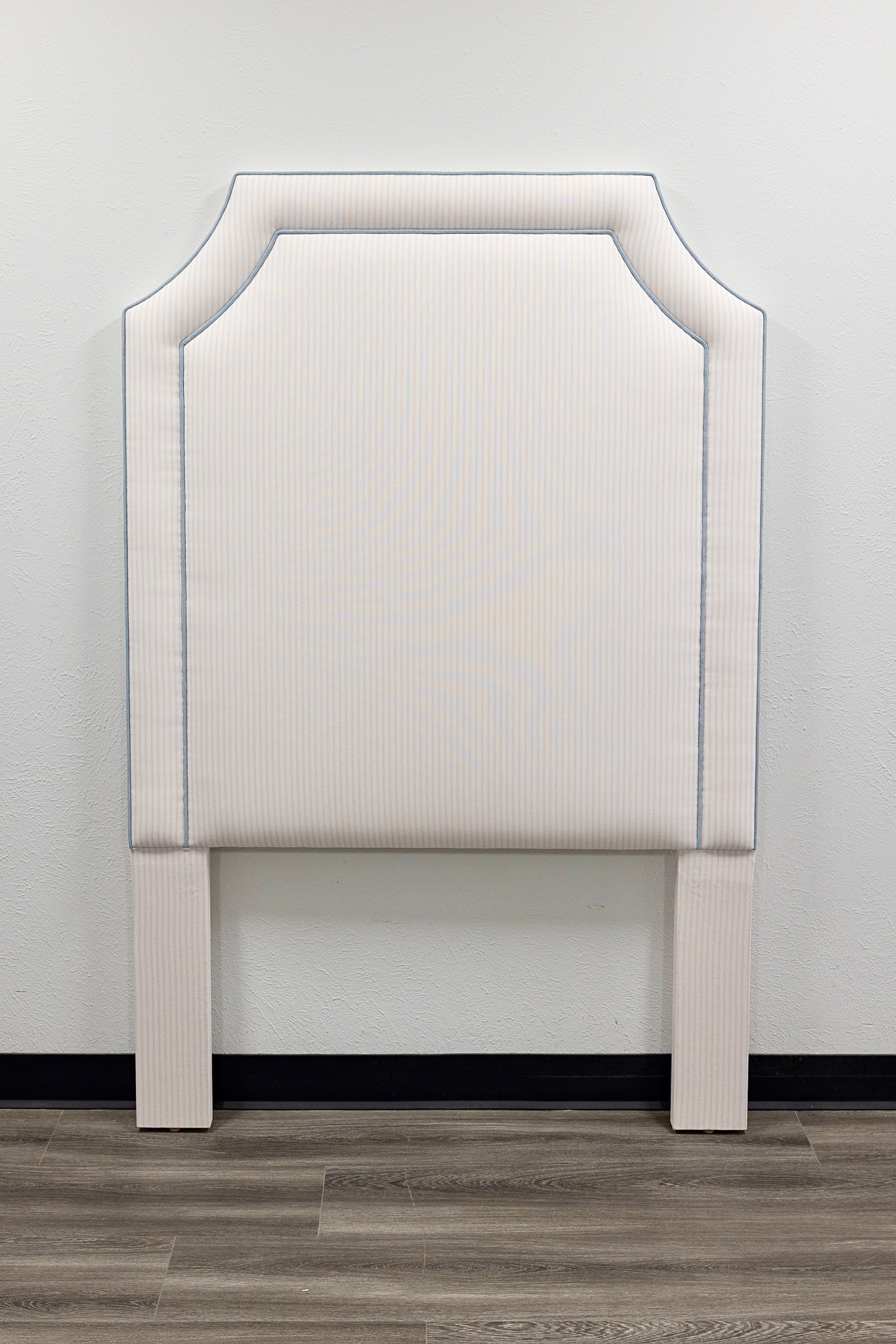 the Addison Twin Headboard - Ticking Stripe Pink Fabric - Blue Trim