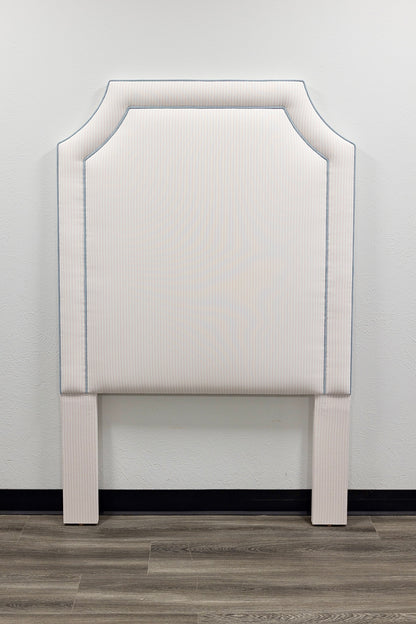 the Addison Twin Headboard - Ticking Stripe Pink Fabric - Blue Trim