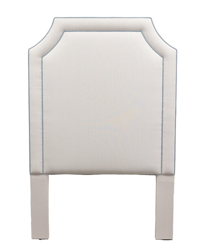 the Addison Twin Headboard - Ticking Stripe Pink Fabric - Blue Trim