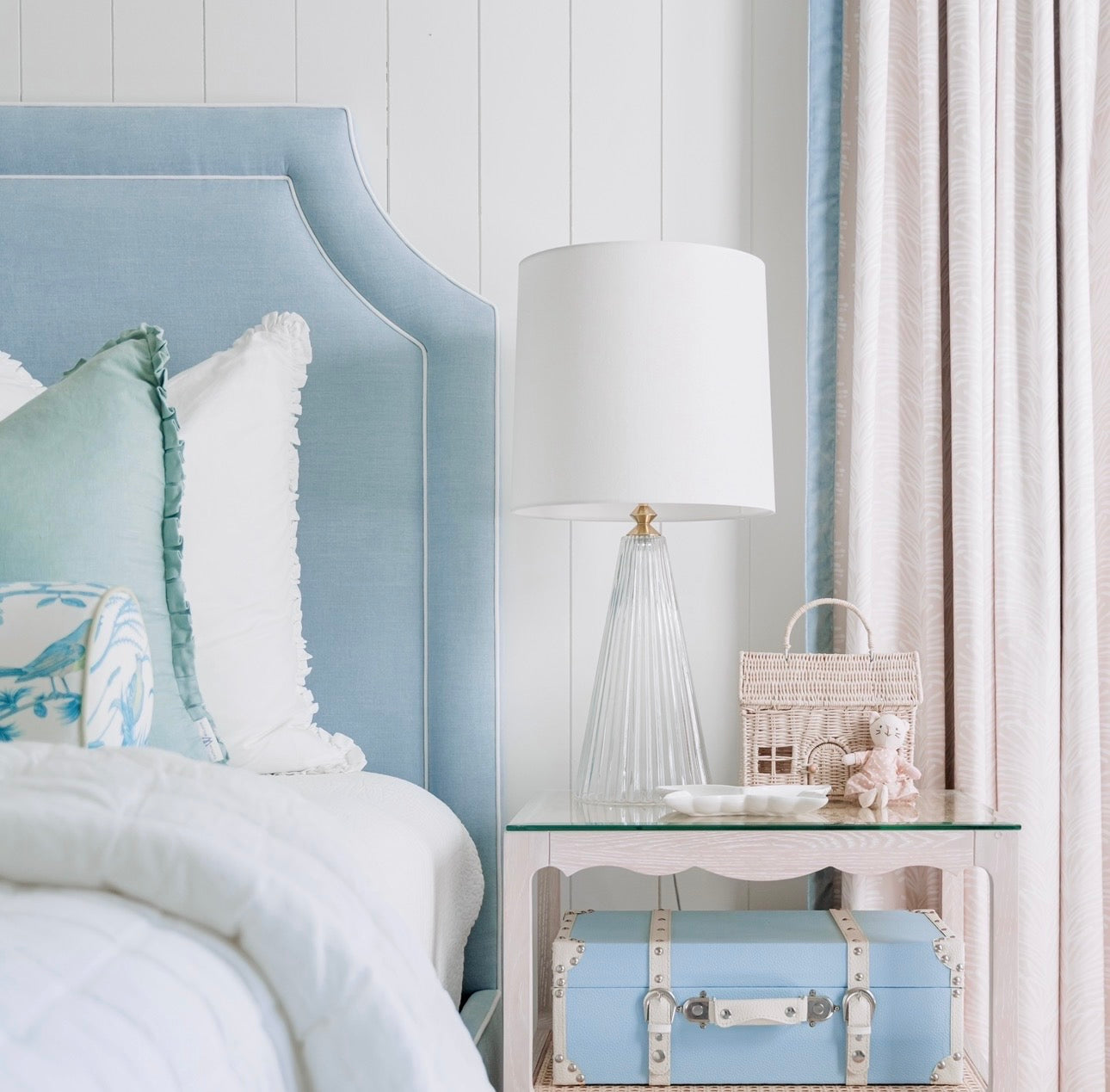 65" H King Platform Bed - Scalloped Legs - Sky Blue Woven Fabric with White Trim