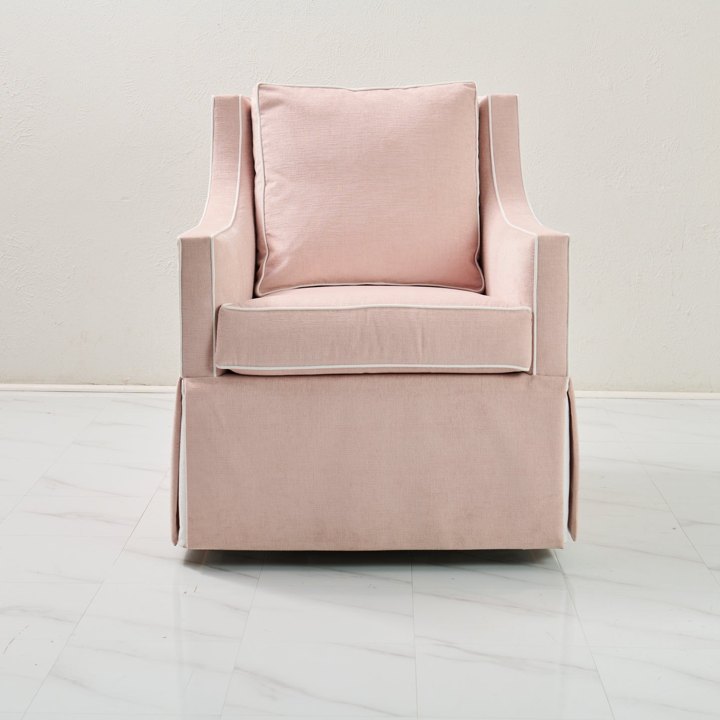 Custom Swivel Glider Chair – Performance Light Pink Chenille Fabric with White Trim