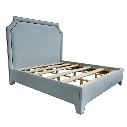 The Addison King Bed - Upholstered Legs - Sky Blue Woven Fabric with Navy Trim