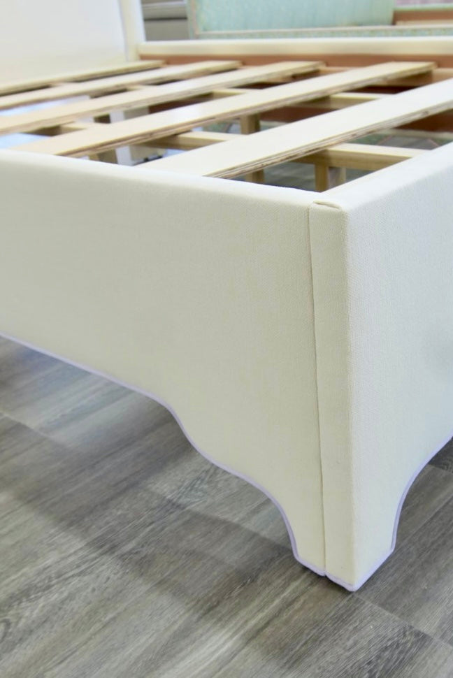 65" H Queen Platform Bed - NY Oatmeal Woven Fabric - Purple Trim