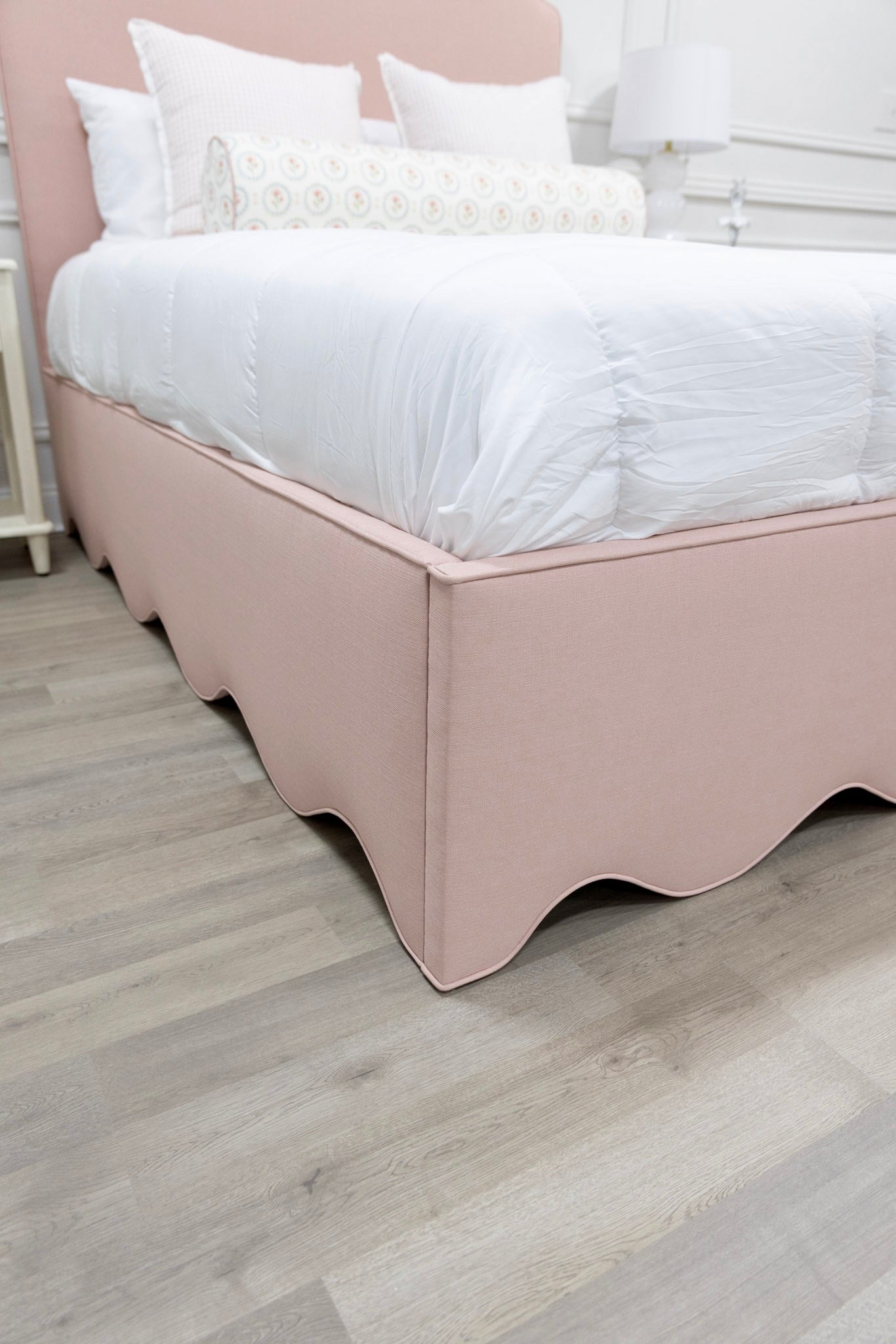 65”H Queen Upholstered Platform Bed - Blush Pink Linen Fabric - Self Welted