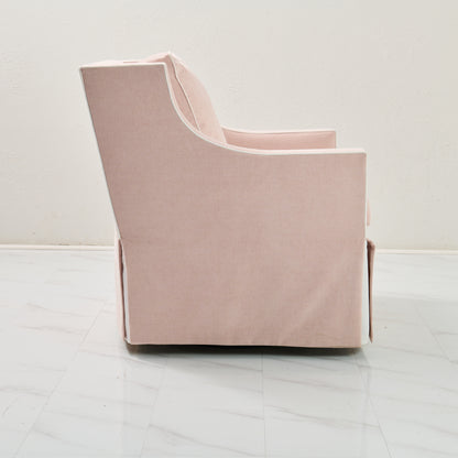 Custom Swivel Glider Chair – Performance Light Pink Chenille Fabric with White Trim