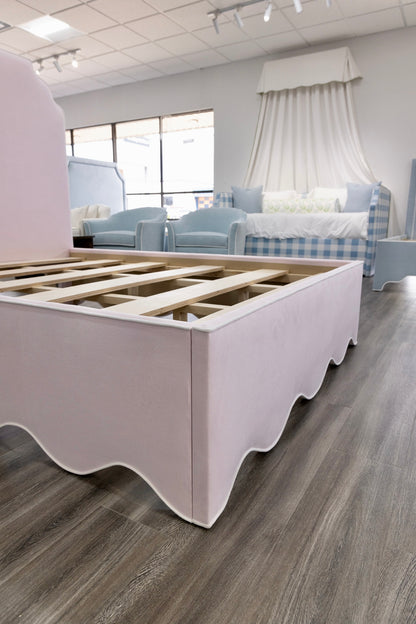 The Helena Queen Bed - Scalloped Base - Powder Pink Woven Fabric - White Trim