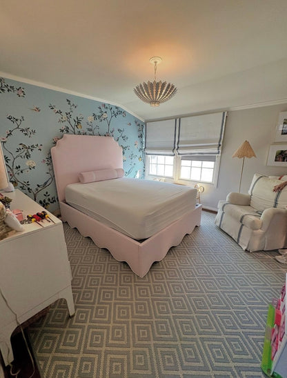The Helena Queen Bed - Scalloped Base - Powder Pink Woven Fabric - White Trim