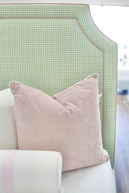 65”H Queen Platform Upholstered Bed - Sage Green Gingham Fabric with Blush Pink Trim