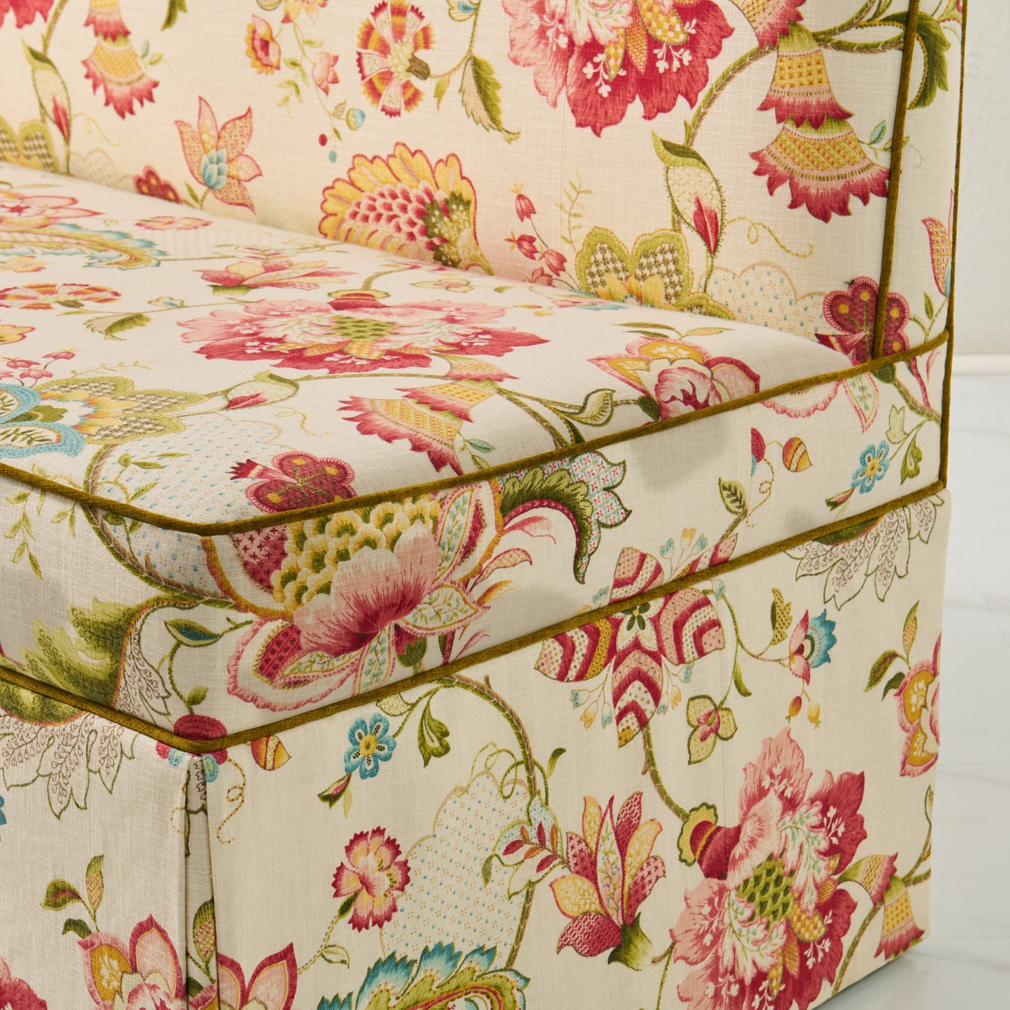 76"L Custom Scalloped Banquette in Ophelia Blossom - Modern Upholstered Dining Banquette with Pleated Skirt