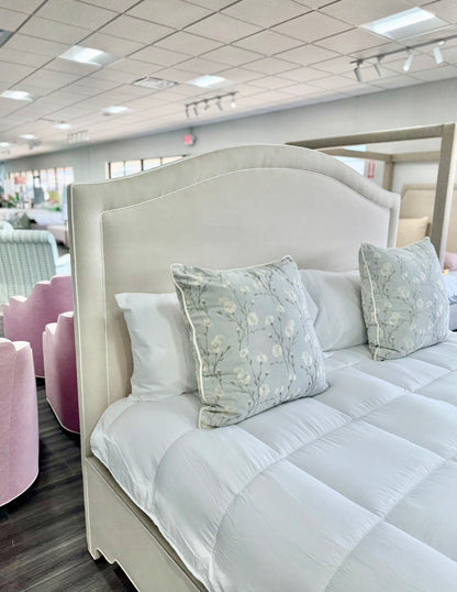 65"H King Platform Bed - Upholstered Footboard - Oatmeal Woven Fabric - White Trim