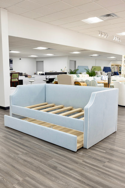 The Addison Twin Trundle Daybed - Sky Blue Woven Fabric - White Trim