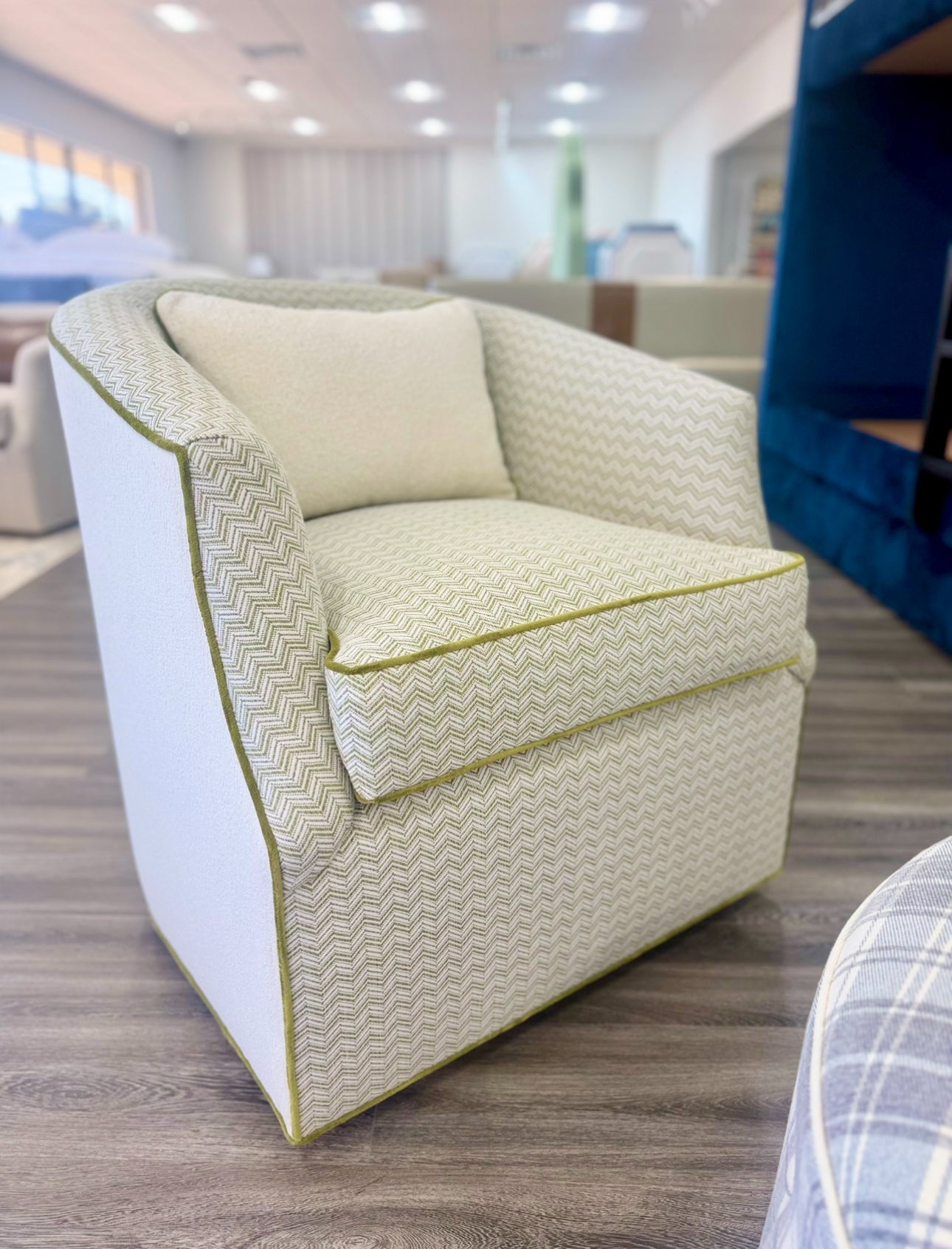 Custom Swivel Chair -  Kravet Olefin Fabric, Herringbone Texture Upholstery Fabric
