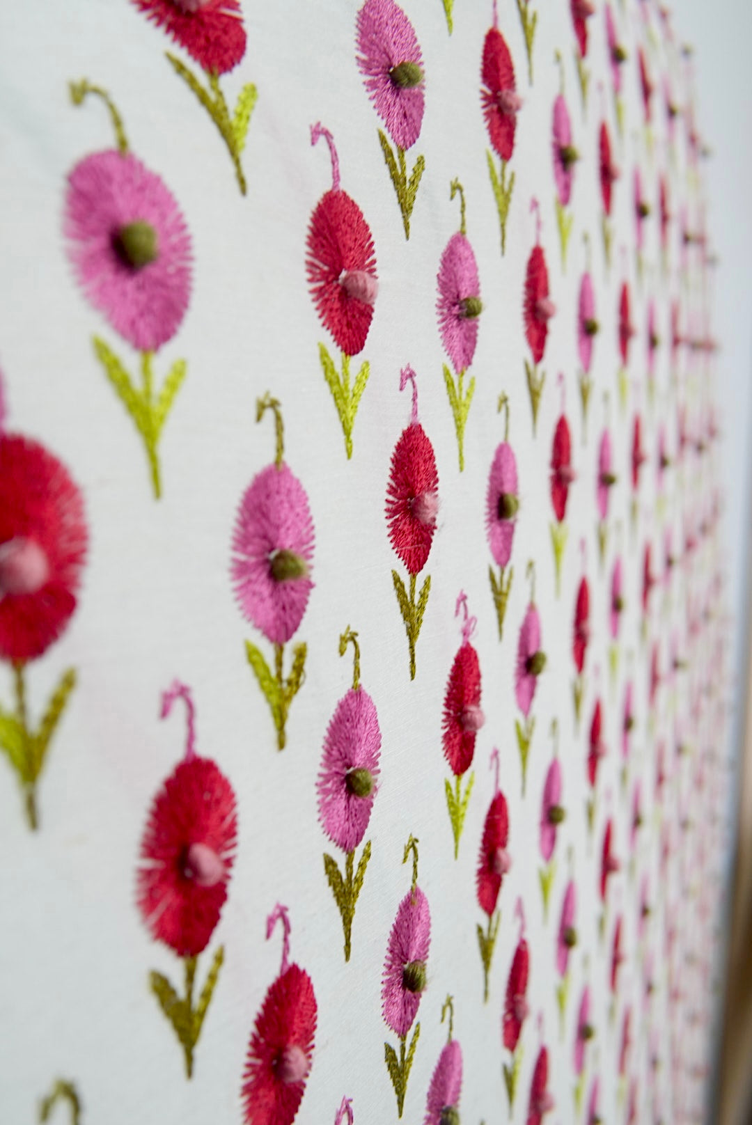 65" H Twin Headboard in Schumacher Embroidered Floral Fabric - Green Trim