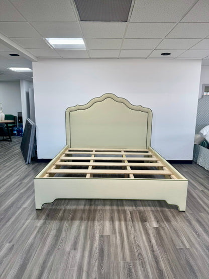 65"H King Bed  - Pale Sage Green Linen Fabric with Olive Green Velvet Trim