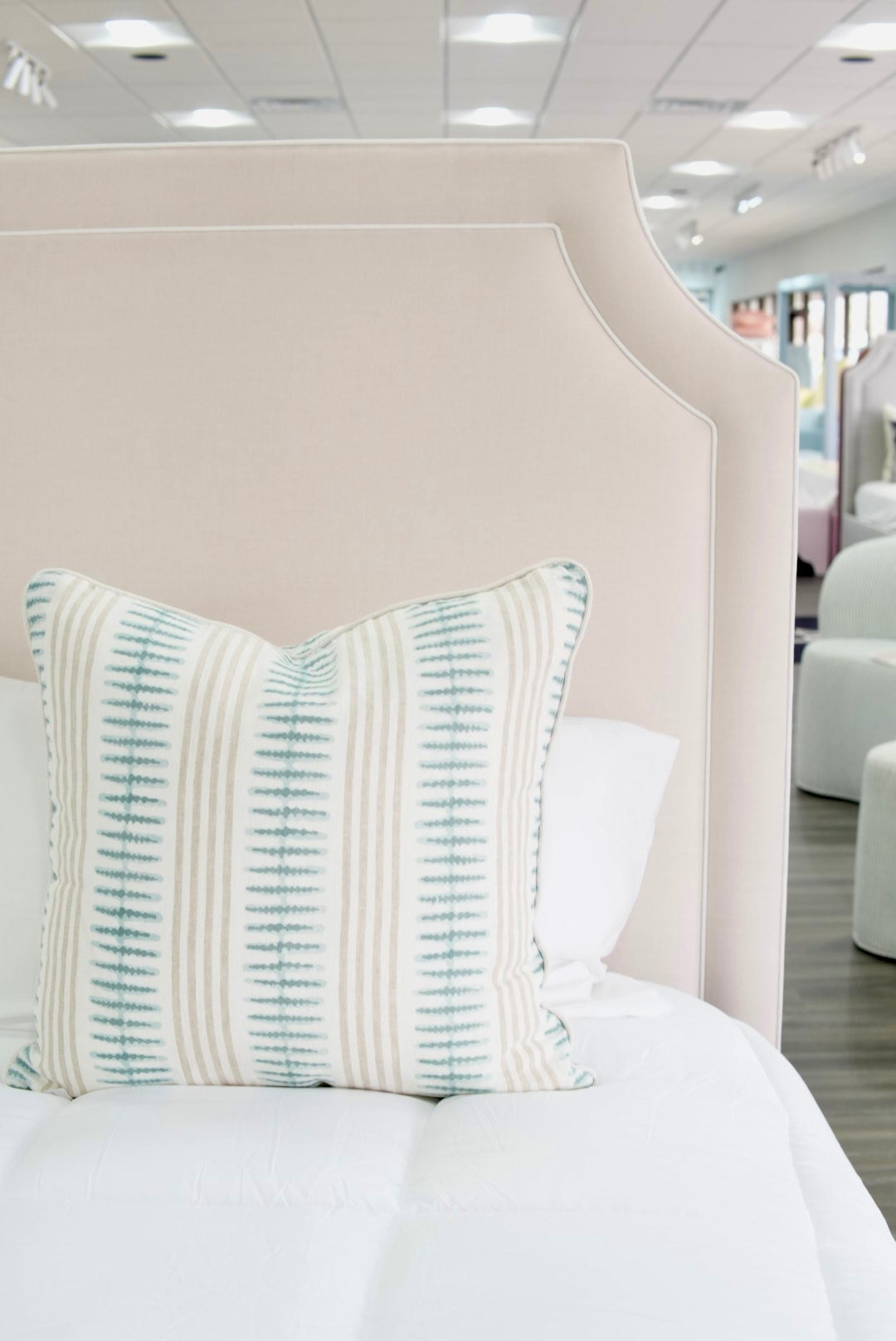 65" H King Platform Bed - Wooden Legs - Oatmeal Woven Fabric - White Welted