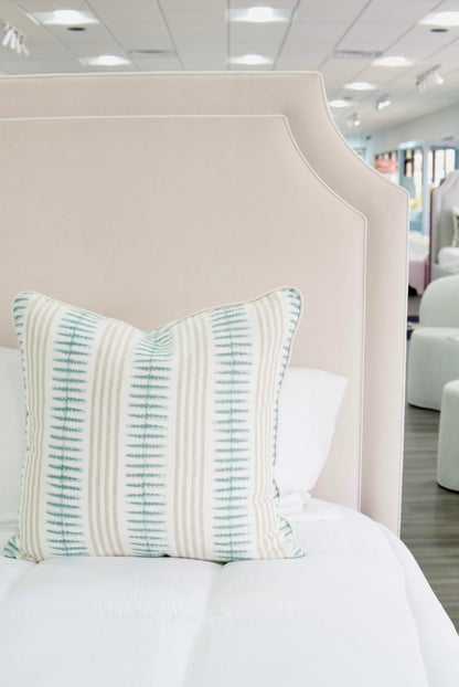 65" H King Platform Bed - Wooden Legs - Oatmeal Woven Fabric - White Welted