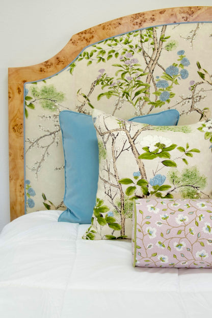 65"H Mappa Burlwood King Bed - Upholstered in Katsura Thibaut Fabric - Blue Trim