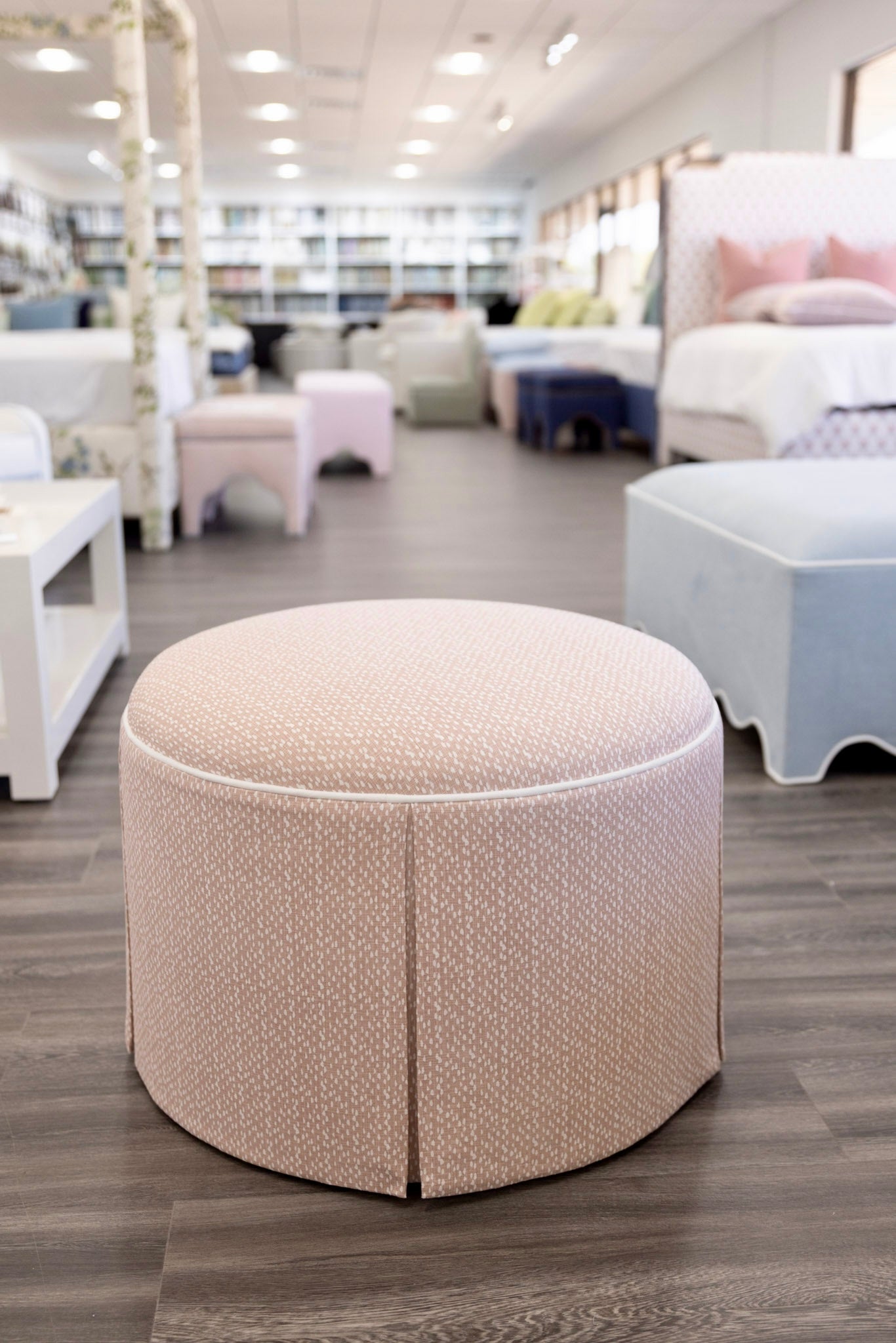 The Marlowe Ottoman - Dotted Blush Pink Fabric - White Trim