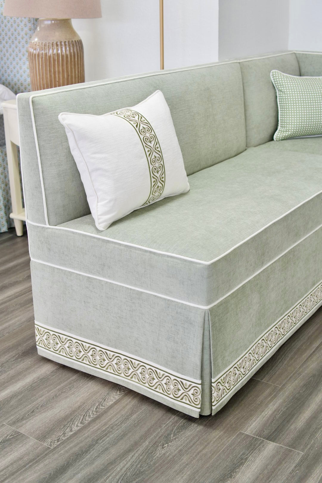 Custom Upholstered Skirted Banquette – Performance Green Chenille Fabric, White Piping