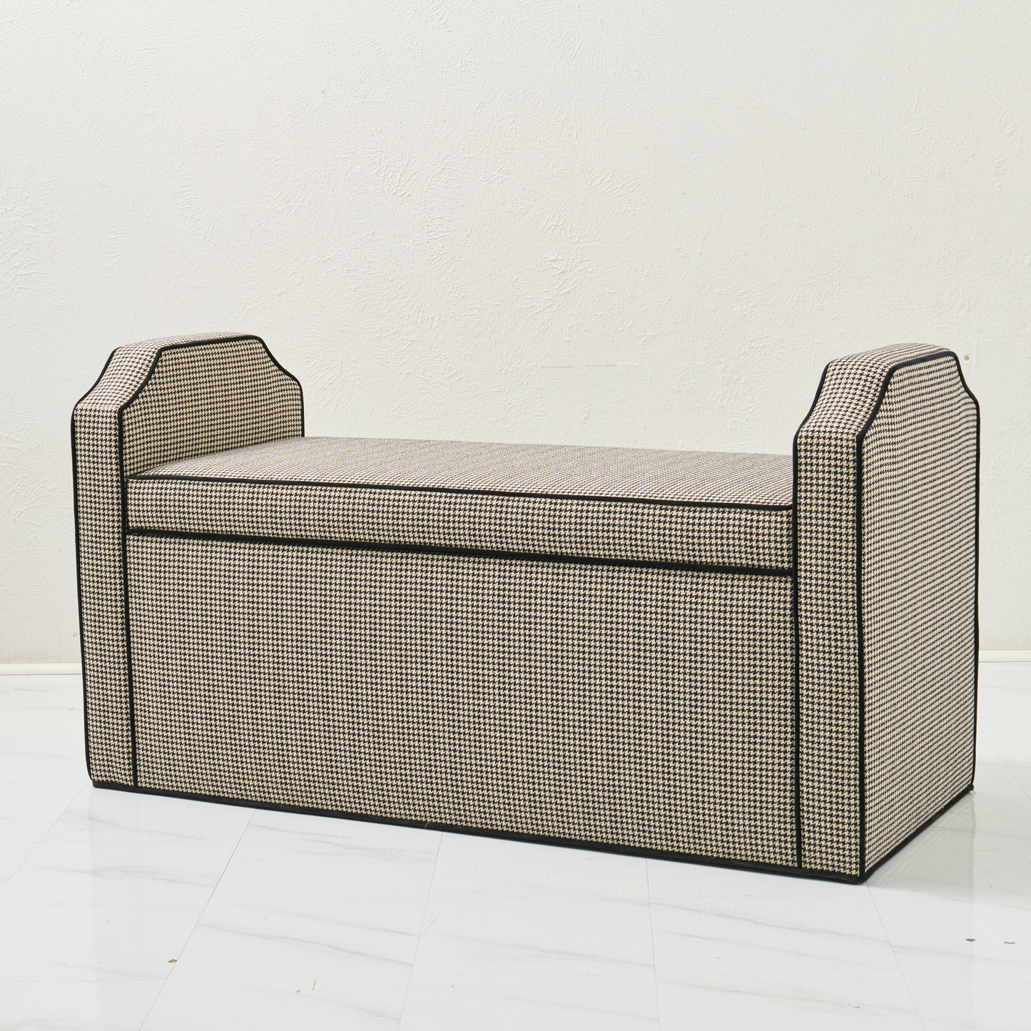 Milly Storage Bench – Houndstooth Fabric with Black Mohair Trim