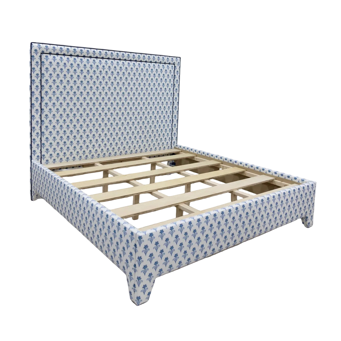 The Jacob King Bed - Blue Floral Linen Fabric - Navy Trim