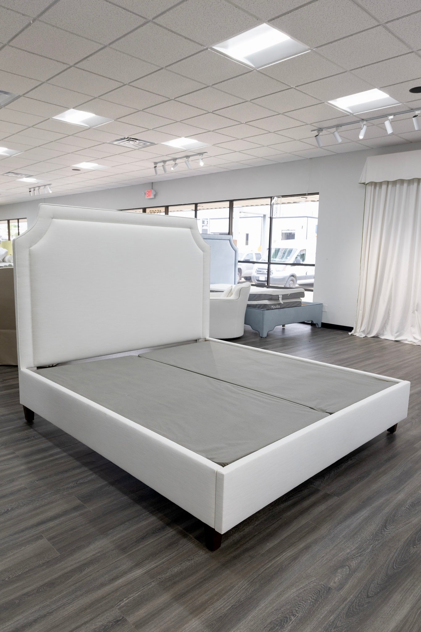 65”H King Platform Bed - Wooden Legs - Off White Linen Fabric